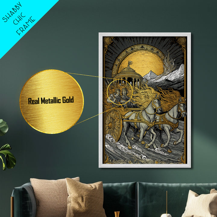 Sun Chariot Metallic Gold Metal Print, Framed Metal Wall Art with Real Wood Frame, Greek Myth Apollo Helios Horses Statement Decor