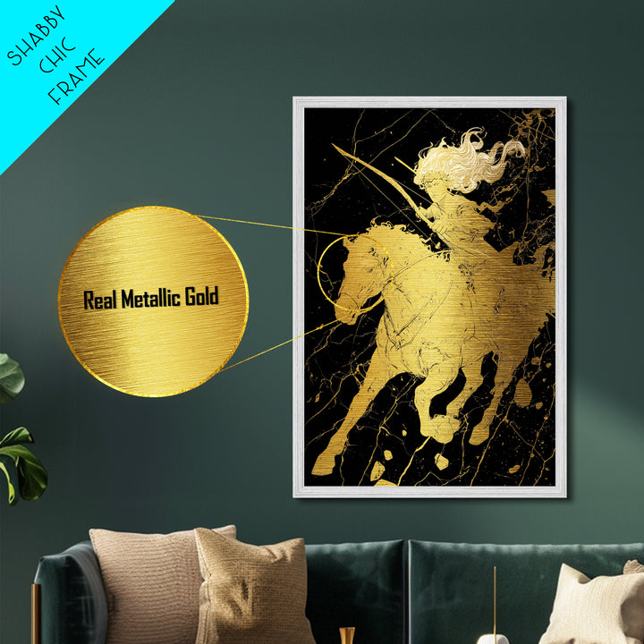 Huntress on Horse Metallic Gold Metal Print, Framed Metal Wall Art with Real Wood Frame, Warrior Goddess Archer Black Gold Decor