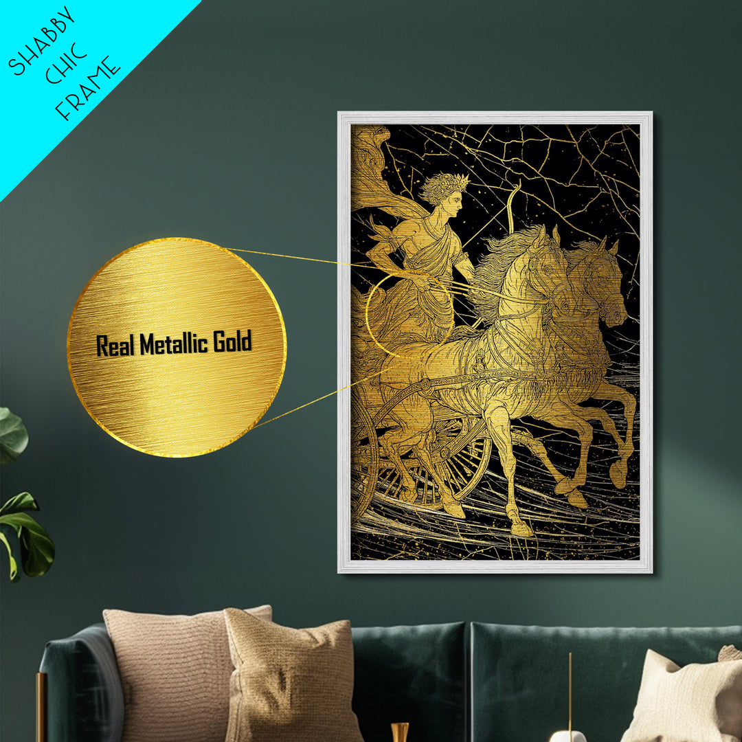 Apollo Sun Chariot Metallic Gold Metal Print, Framed Metal Wall Art with Real Wood Frame, Classical Greek God Horses Wall Decor
