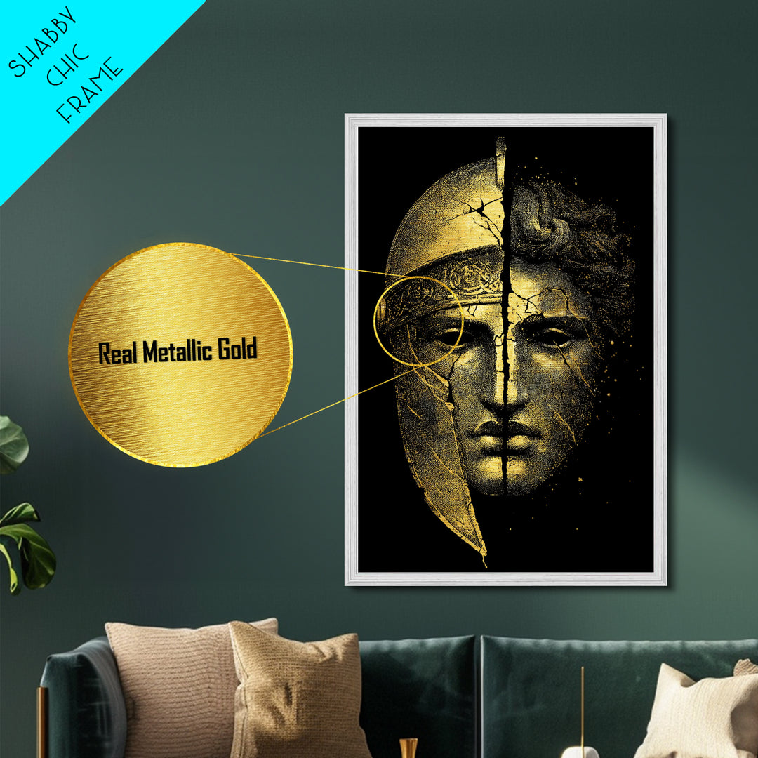 Ancient Warrior Mask Metallic Gold Metal Print, Framed Metal Wall Art with Real Wood Frame, Greek Helmet Cracked Kintsugi Decor