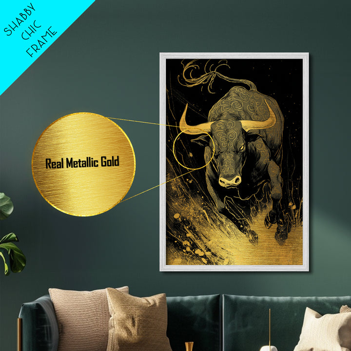 Bull Splash Metallic Gold Metal Print, Framed Metal Wall Art with Real Wood Frame, Powerful Charging Animal Black Gold Decor