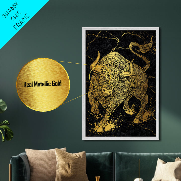 Ornate Bull Metallic Gold Metal Print, Framed Metal Wall Art with Real Wood Frame, Black and Gold Animal Decor for Luxury Home