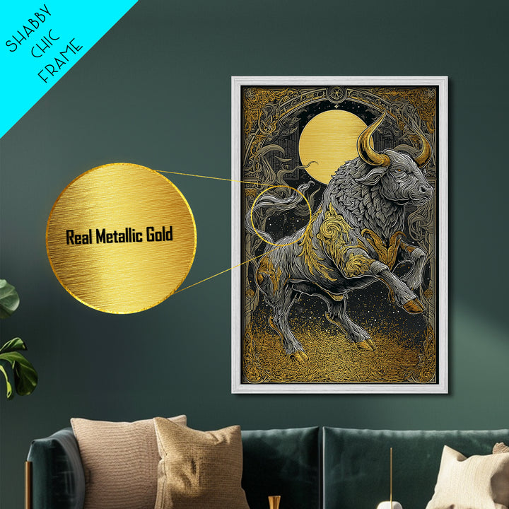 Regal Bull Metallic Gold Metal Print, Framed Metal Wall Art with Real Wood Frame, Mythic Black and Gold Zodiac Decor for Gallery