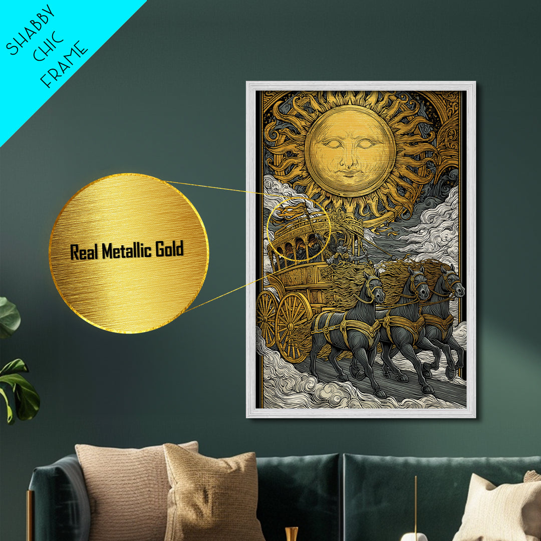Sun Chariot Metallic Gold Metal Print, Framed Metal Wall Art with Real Wood Frame, Greek Myth Apollo Horses Statement Decor