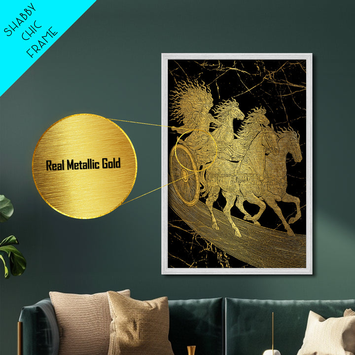 Golden Chariot Metallic Gold Art, Framed Metal Wall Art with Real Wood Frame, Classical Black and Gold Greek Myth Horse Decor