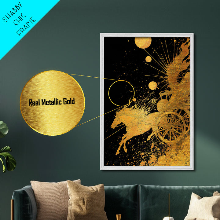 Celestial Chariot Metallic Gold Art, Framed Metal Wall Art with Real Wood Frame, Radiant Greek Myth Sun and Horse Wall Decor