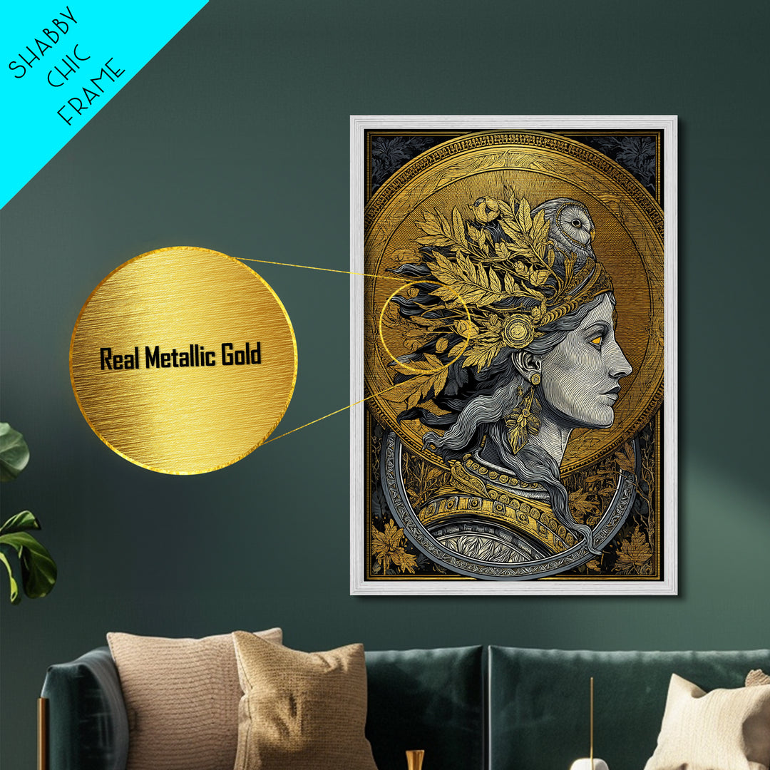 Athena Portrait Metallic Gold Metal Print, Framed Metal Wall Art with Real Wood Frame, Greek Goddess with Owl Luxury Home Decor