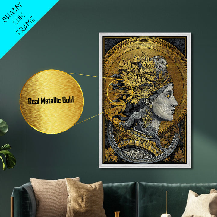 Athena Portrait Metallic Gold Metal Print, Framed Metal Wall Art with Real Wood Frame, Greek Goddess with Owl Luxury Home Decor