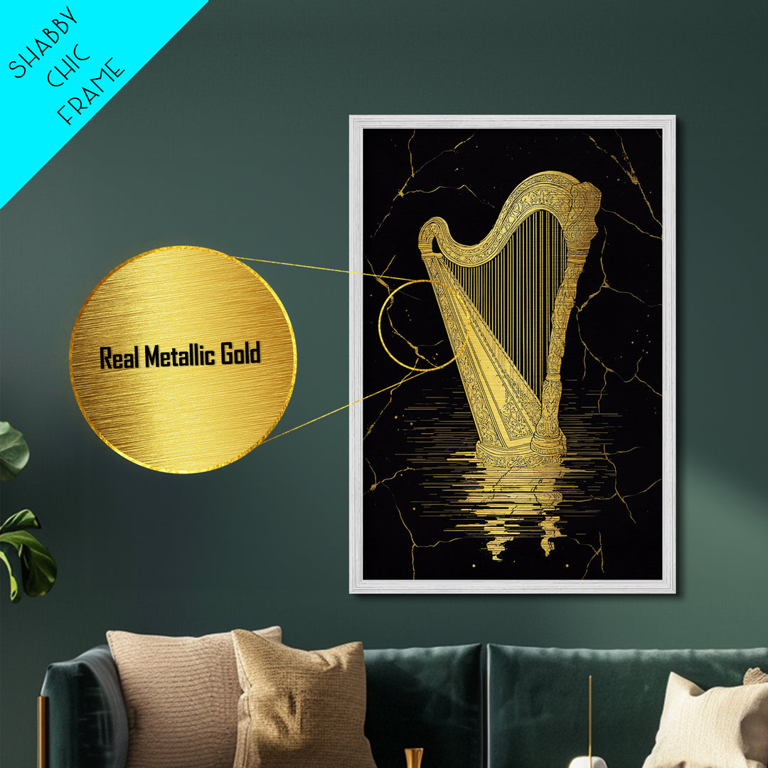 Golden Harp Metallic Gold Metal Print, Framed Metal Wall Art with Real Wood Frame, Black and Gold Classical Instrument Decor