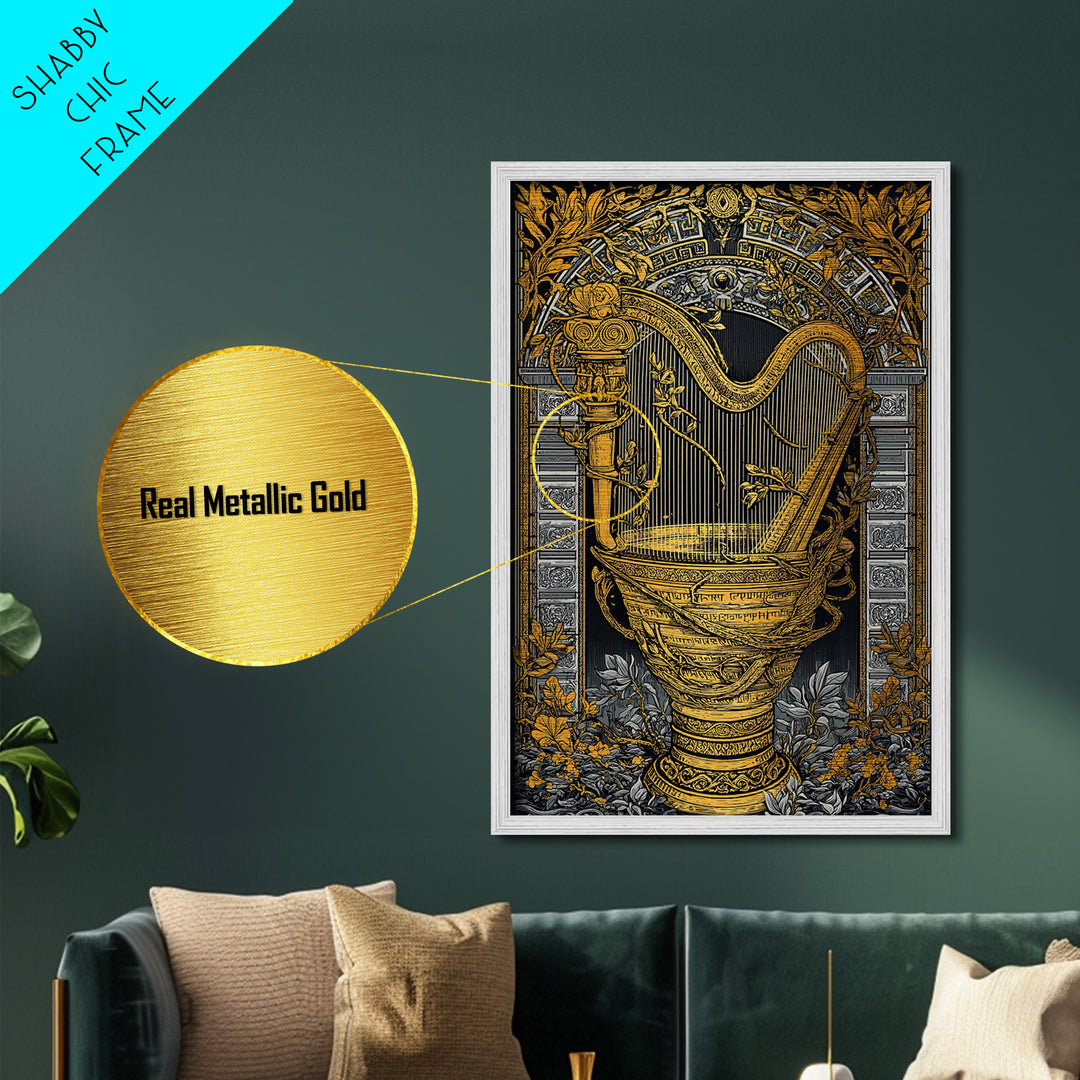 Ornate Harp Metallic Gold Art, Framed Metal Wall Art with Real Wood Frame, Black and Gold Botanical Classical Music Wall Decor
