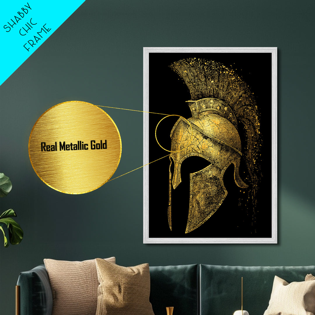 Spartan Helmet Metallic Gold Metal Print, Framed Metal Wall Art with Real Wood Frame, Black and Gold Greek Warrior Decor