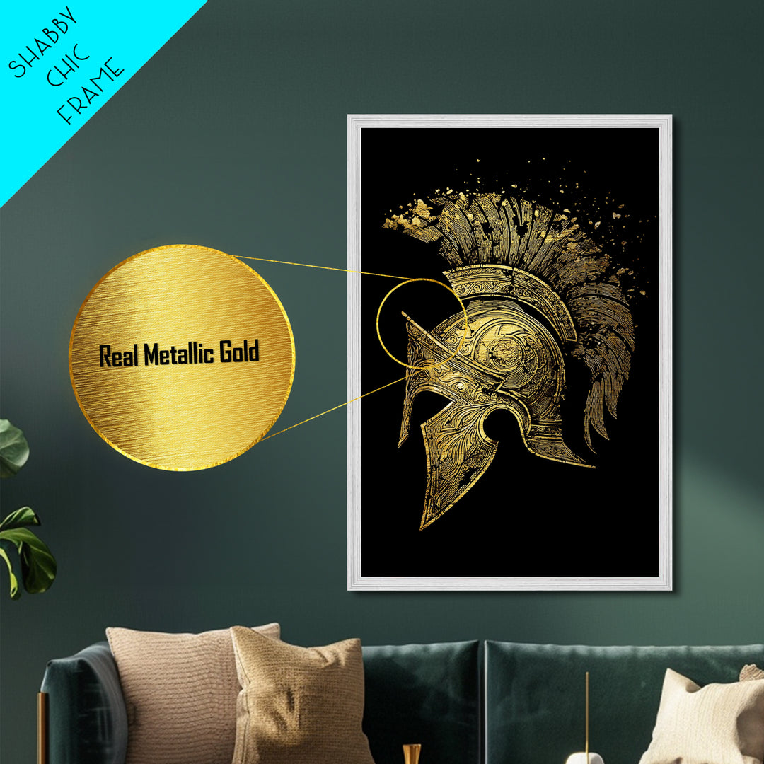 Spartan Helmet Metallic Gold Metal Print – Ancient Warrior Art on Premium Metal with Real Wood Frame – Greek History Wall Decor