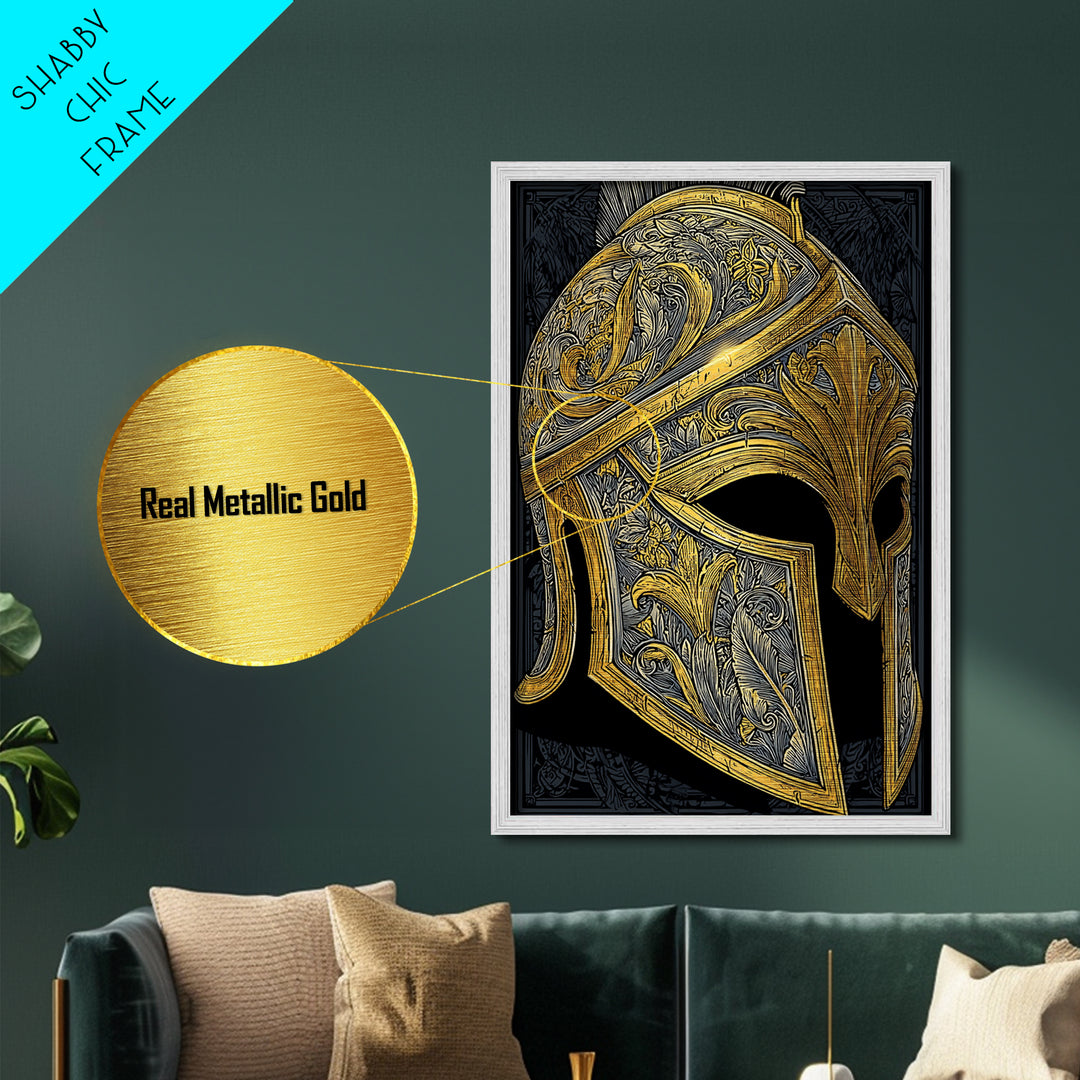 Ornate Spartan Helmet Metallic Gold Art – Intricate Ancient Warrior Wall Print on Metal with Real Wood Frame – Greek Decor