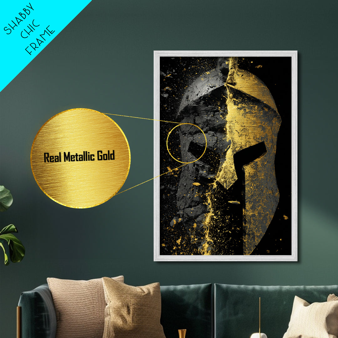 Shattered Spartan Helmet Metallic Gold Metal Print – Half Black Rock Half Gold Warrior Art – Real Wood Frame Home Wall Decor