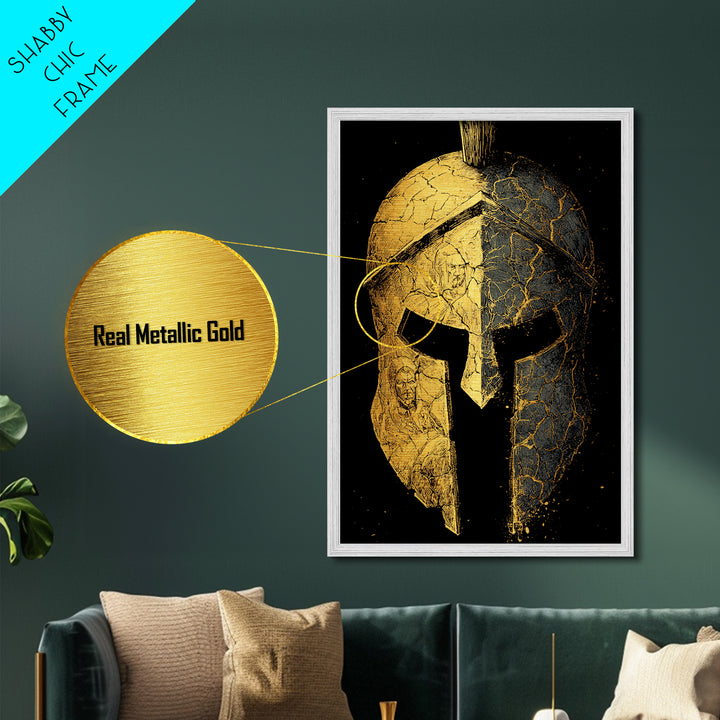 Cracked Warrior Helmet Metallic Gold Art – Ancient Greek Sparta Wall Metal Print with Real Wood Frame – Bold Home Decor