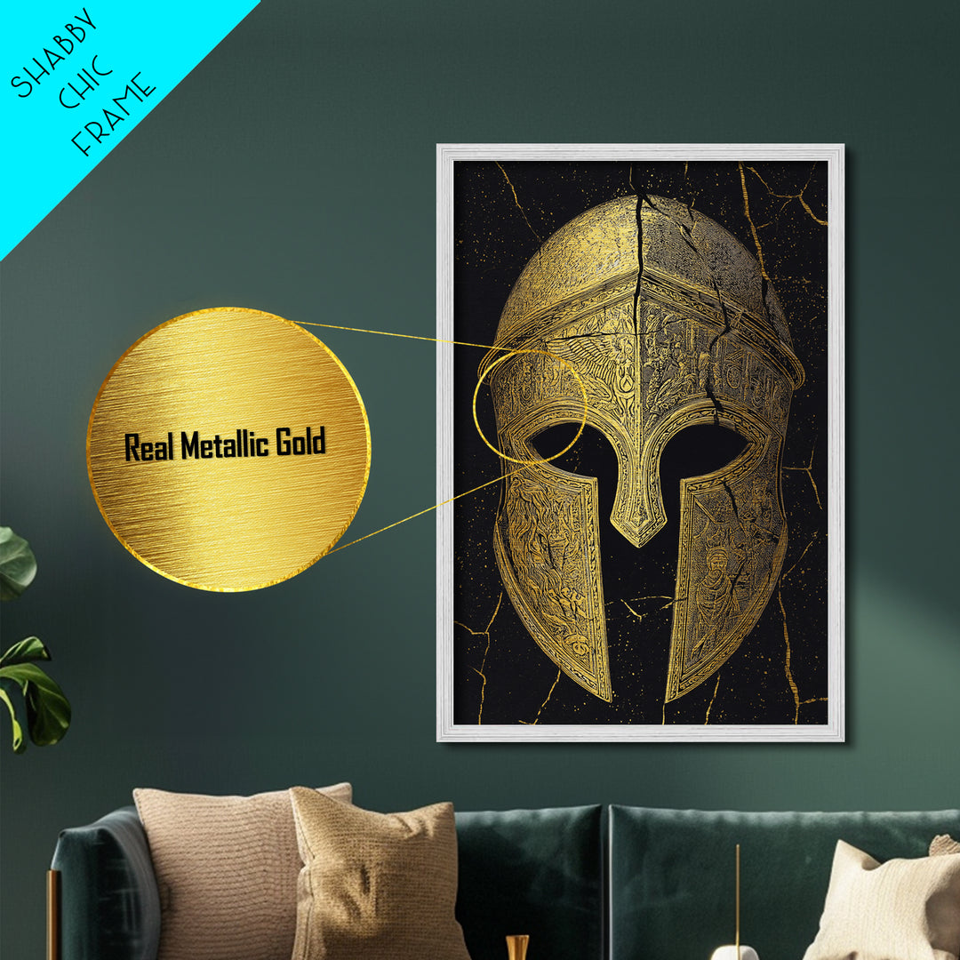 Detailed Spartan Helmet Metallic Gold Metal Print – Engraved Greek History Art with Real Wood Frame – Warrior Wall Decor