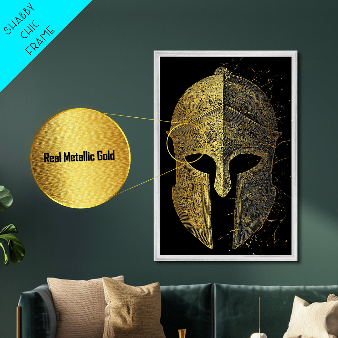 Historic Greek Helmet Metallic Gold Art – Ancient Battle Warrior Wall Metal Print with Real Wood Frame – Museum Quality Decor