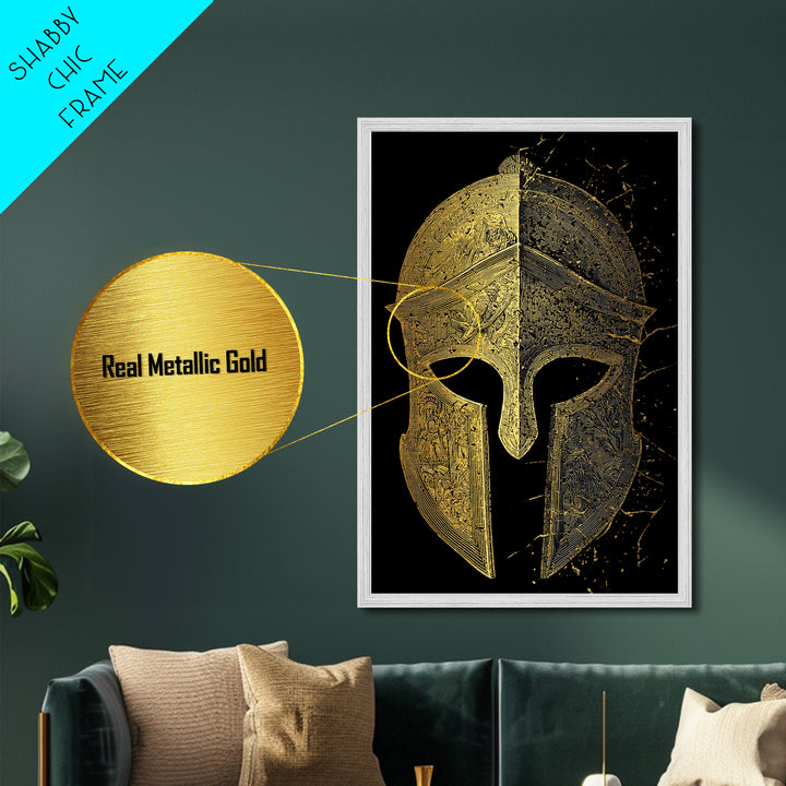 Historic Greek Helmet Metallic Gold Art – Ancient Battle Warrior Wall Metal Print with Real Wood Frame – Museum Quality Decor