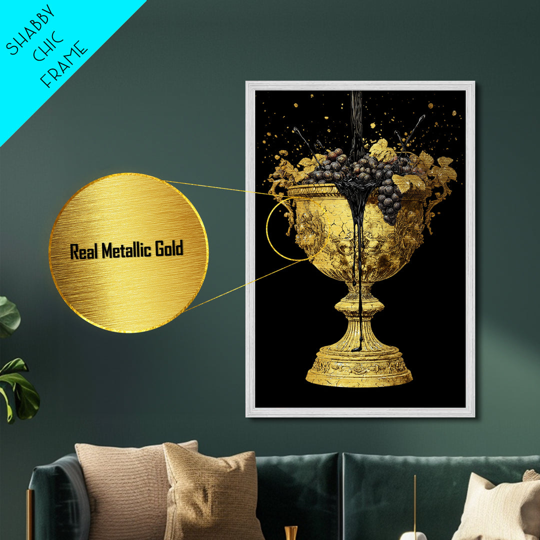 Luxurious Golden Chalice Metallic Gold Metal Print – Grapes & Wine Still Life Wall Art with Real Wood Frame – Elegant Kitchen Decor