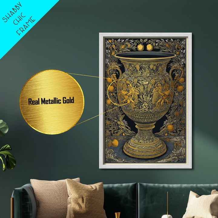 Ornate Golden Vase Metallic Gold Art – Greek Mythology & Nature Scene Wall Metal Print with Real Wood Frame – Classic Decor