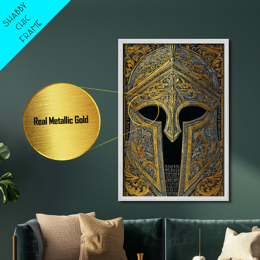 Runic Spartan Helmet with Ornate Gold Carving – Metallic Gold Art, Intricate Ancient Helmet Metal Art, Mythic Warrior Decor