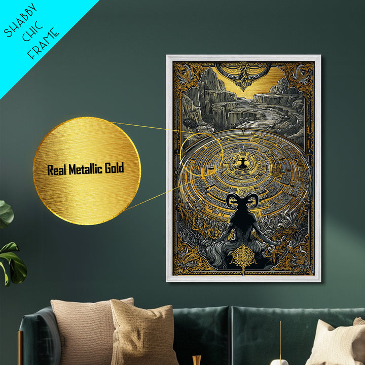 Labyrinth Minotaur Fantasy Scene Metallic Gold Metal Print with Real Wood Frame – Mythology Inspired Wall Art