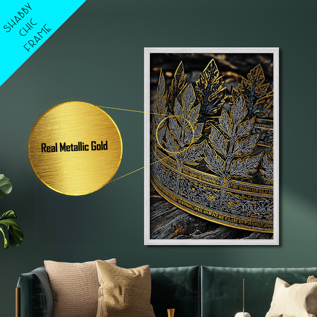 Laurel Leaf Crown Metallic Gold Art Print with Real Wood Frame – Regal Nature-Inspired Decorative Wall Piece
