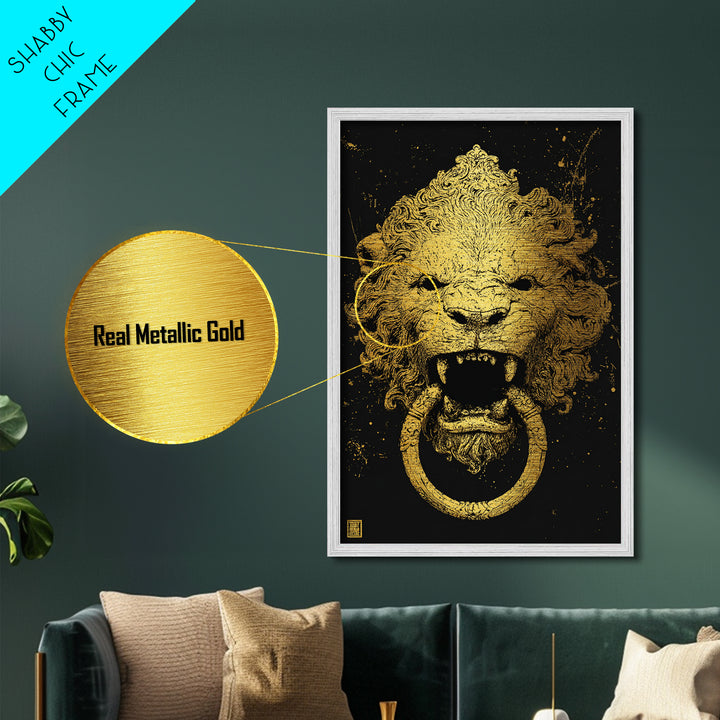 Aged Lion Door Knocker Metallic Gold Art Print with Real Wood Frame – Rustic Antique-Inspired Home Wall Art