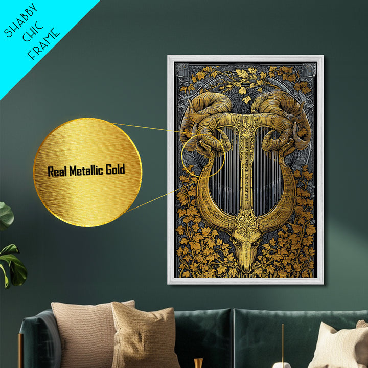 Ram Horn Lyre Metallic Gold Metal Print with Real Wood Frame – Mythic Musical Instrument Wall Decor