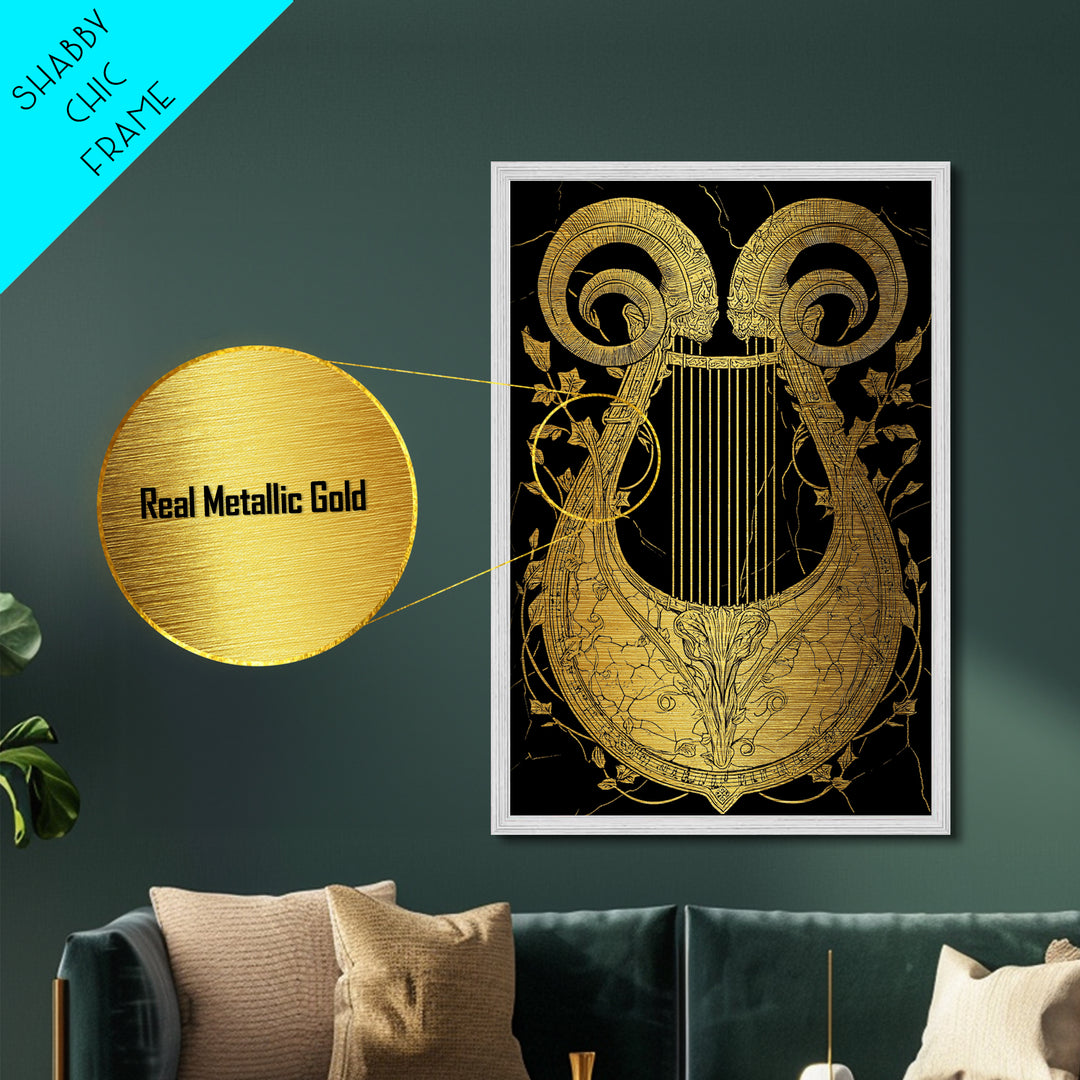 Ancient Ram Horn Lyre Metallic Gold Art Print with Real Wood Frame – Classical Mythology Inspired Wall Art