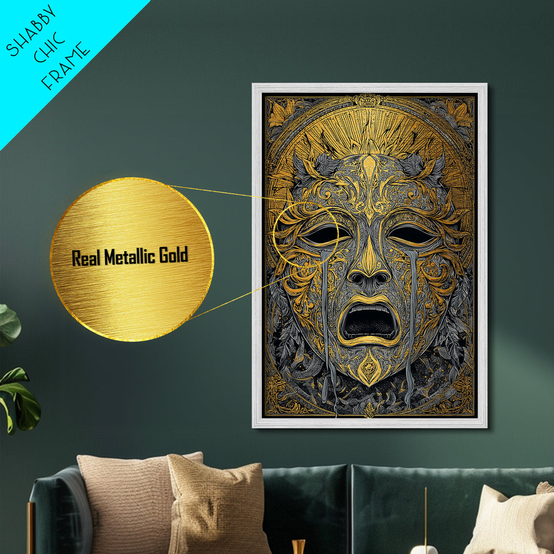 Crying Ornate Mask Metallic Gold Metal Print with Real Wood Frame – Dramatic Theatrical Inspired Wall Art