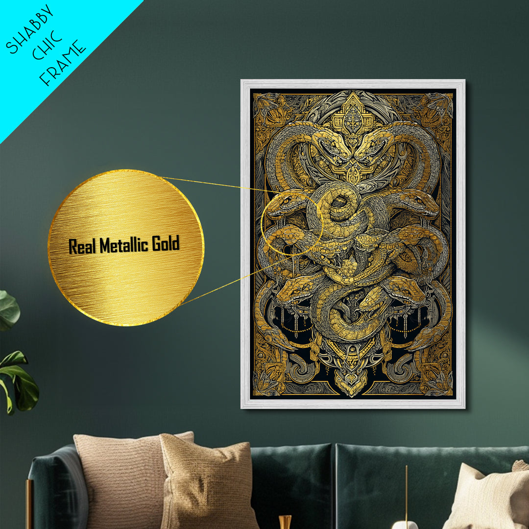The Serpent Conclave – A Tangled Reign of Golden Scales, Metal Art, Metallic Gold Print, Metal Wall Art, Man Cave Decor