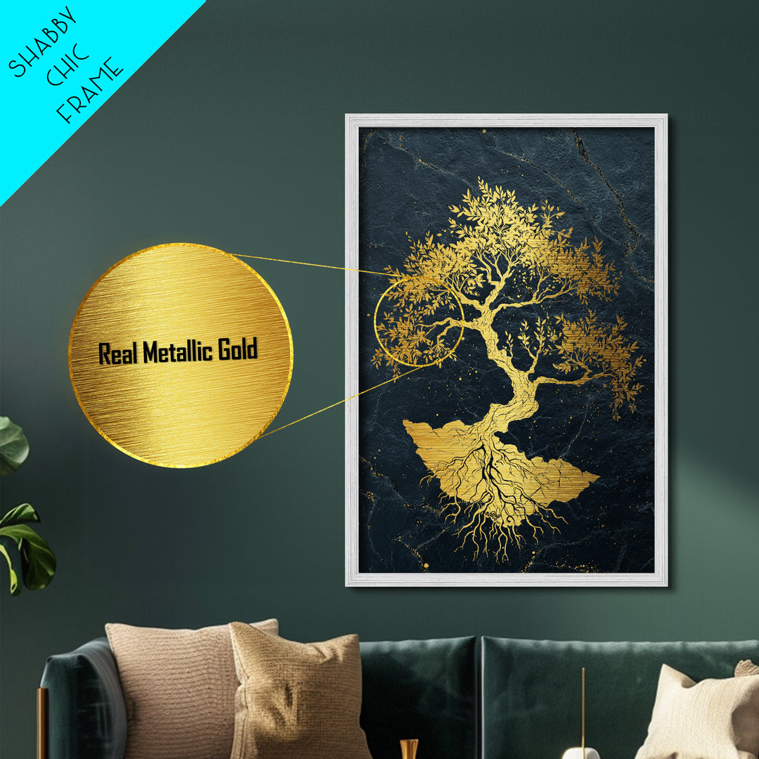The Gilded Bonsai – Roots Anchored in Stone and Time, Metal Art, Metallic Gold Print, Metal Wall Art, Man Cave Decor