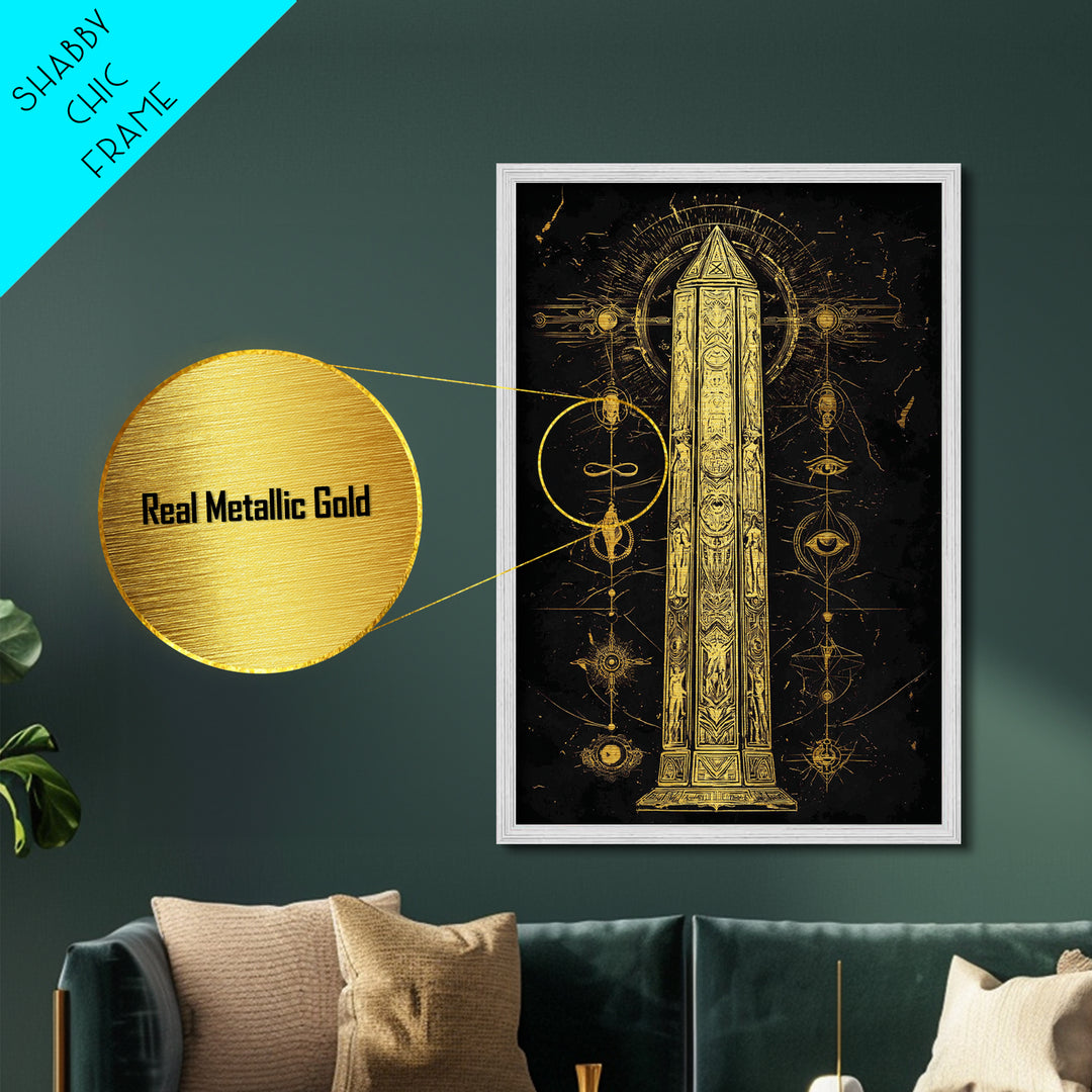 The Obelisk of Secrets – Symbols of the Eternal Order, Metal Art, Metallic Gold Print, Metal Wall Art, Man Cave Decor