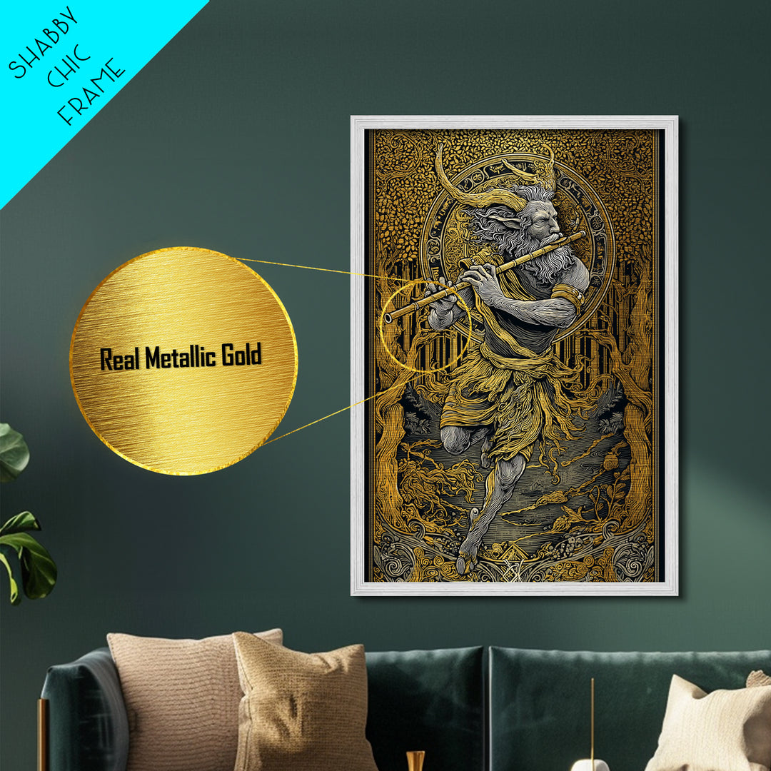 Pan’s Lament – The Wild God’s Song Through the Golden Grove, Metal Art, Metallic Gold Print, Metal Wall Art, Man Cave Decor