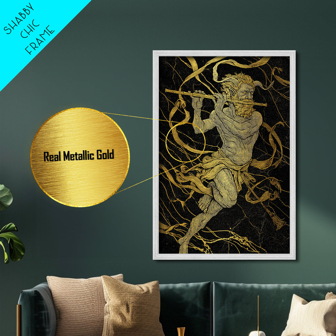 Greek God Pan Playing Flute – Metallic Gold Metal Print – Mythology Wall Art with Real Wood Frame for Classical Home Decor