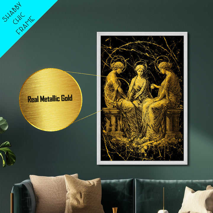 The Three Graces – Metallic Gold Metal Print – Greek Goddess Wall Art with Real Wood Frame for Elegant Classical Room Decor