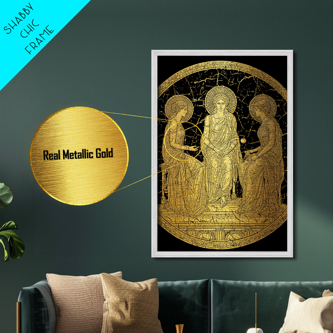 Golden Three Goddesses – Metallic Gold Metal Print – Classical Greek Wall Art with Real Wood Frame for Mythology Lovers
