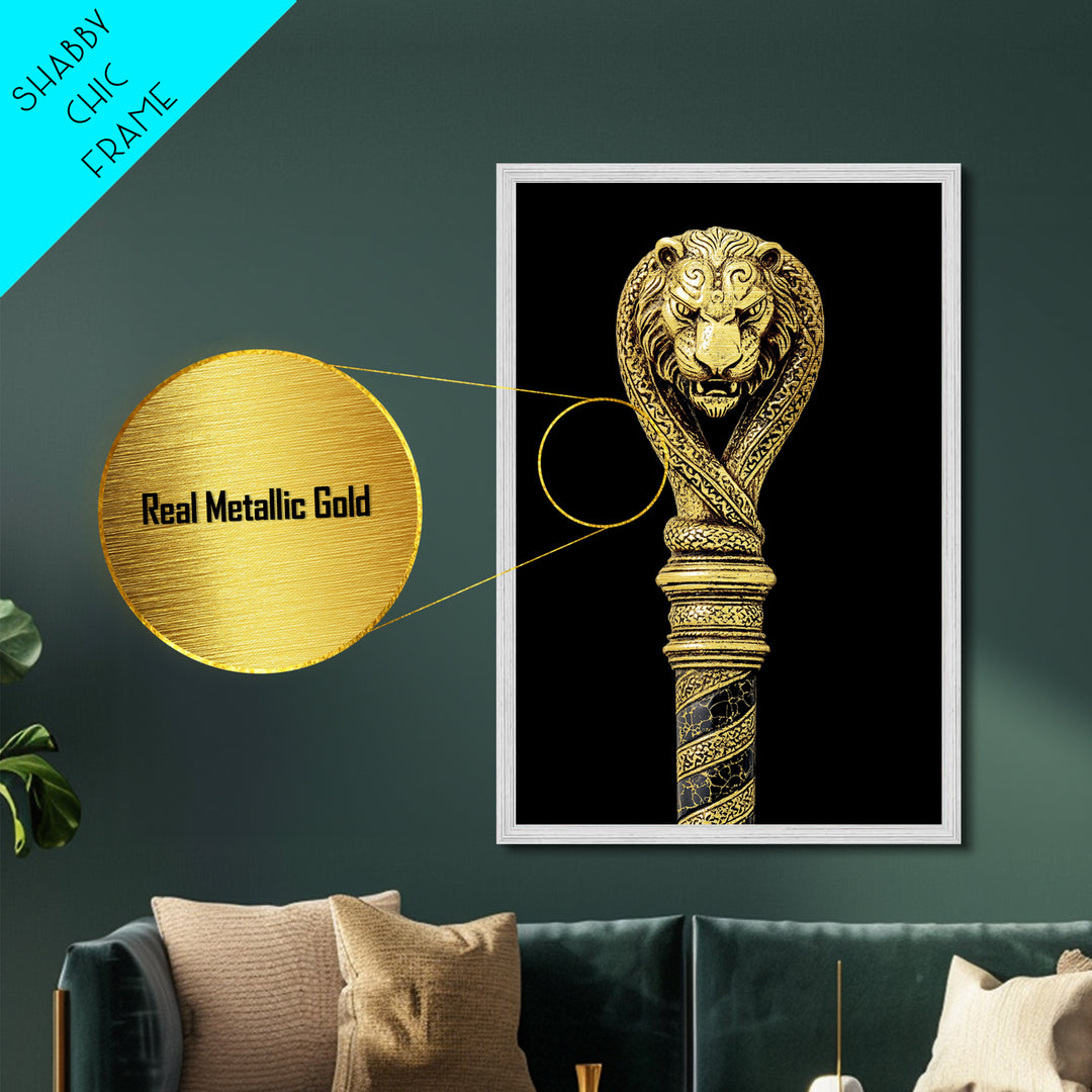 Lion and Serpent Staff Head – Metallic Gold Metal Print – Ancient Weapon Design Art with Real Wood Frame for Bold Wall Decor