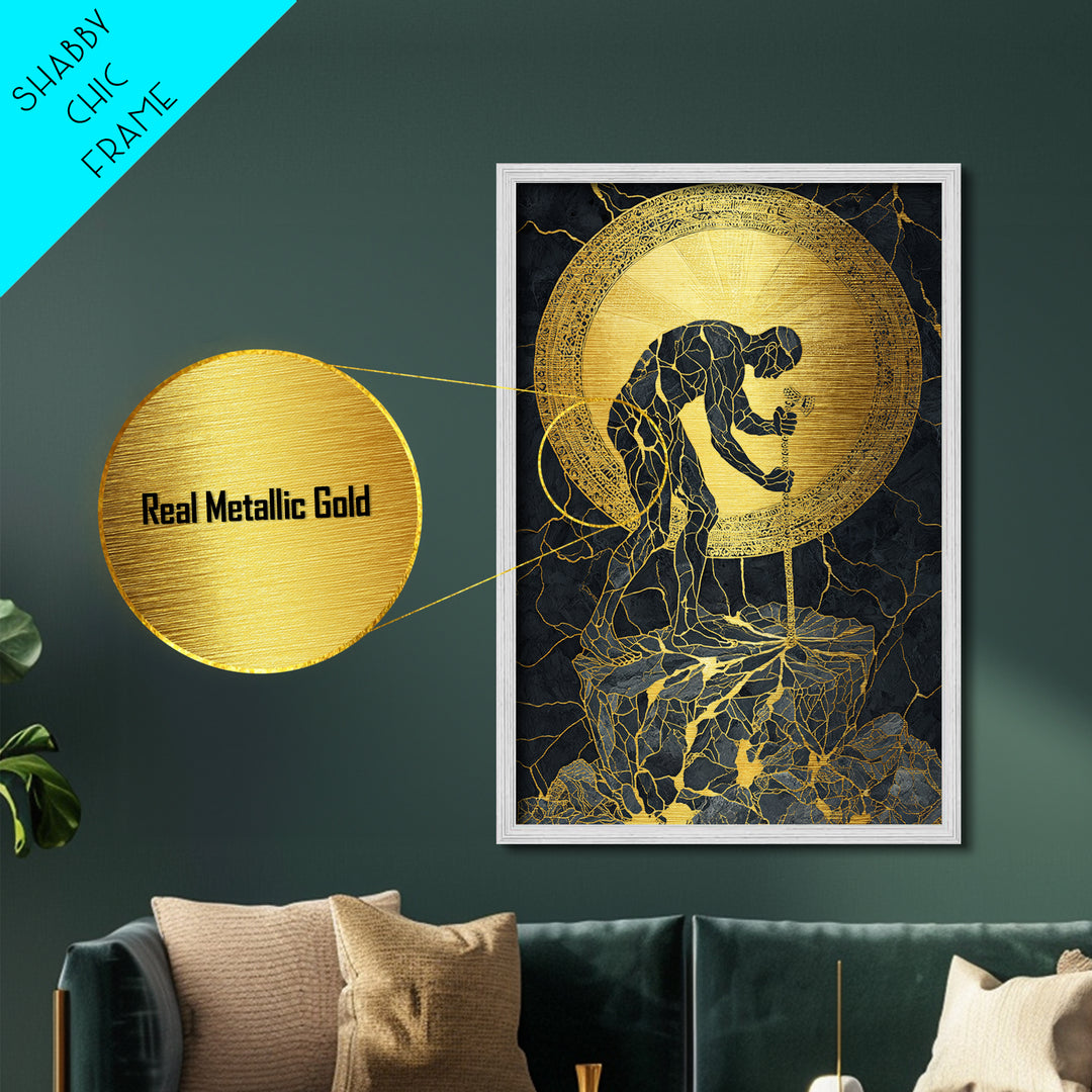 Man with Sword and Sun – Metallic Gold Metal Print – Heroic Mythology Wall Art with Real Wood Frame for Powerful Home Accent