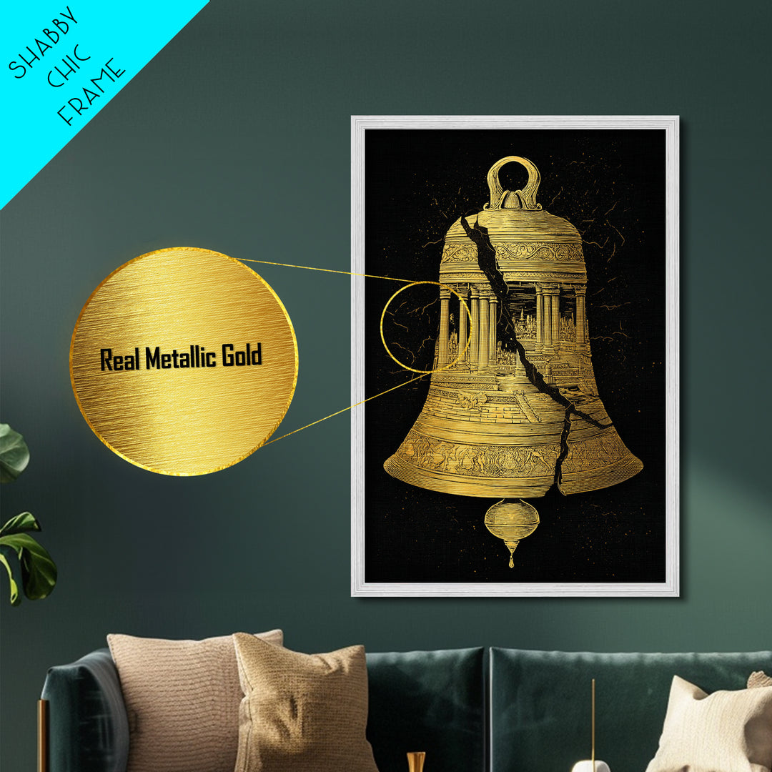 Cracked Temple Bell – Metallic Gold Metal Print – Ancient Ruins Wall Art with Real Wood Frame for History and Myth Lovers