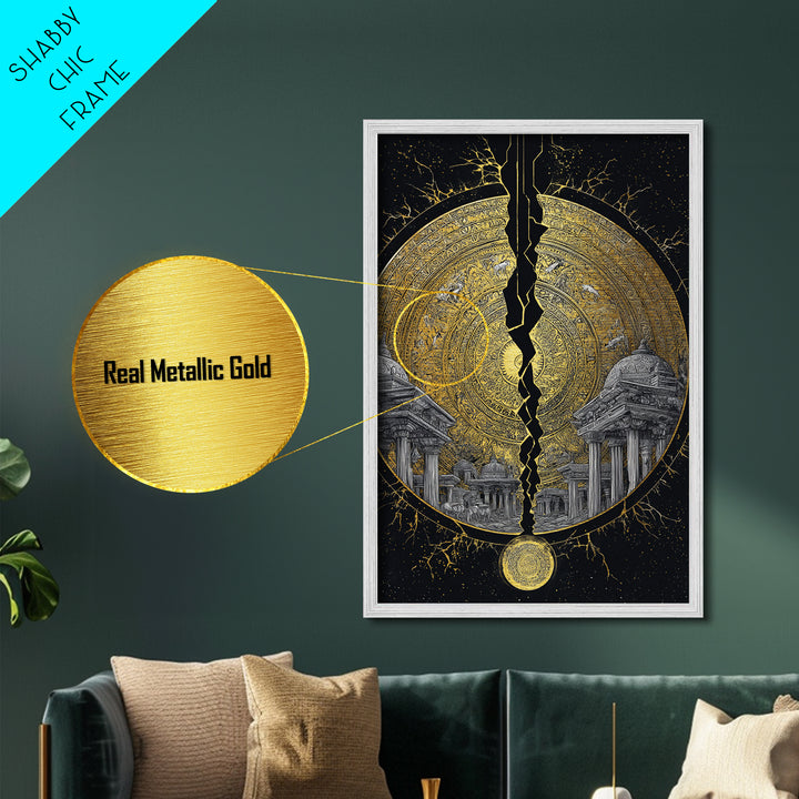 Cracked Golden Mandala Temple – Metallic Gold Metal Print – Intricate Ancient Architecture Wall Art with Real Wood Frame