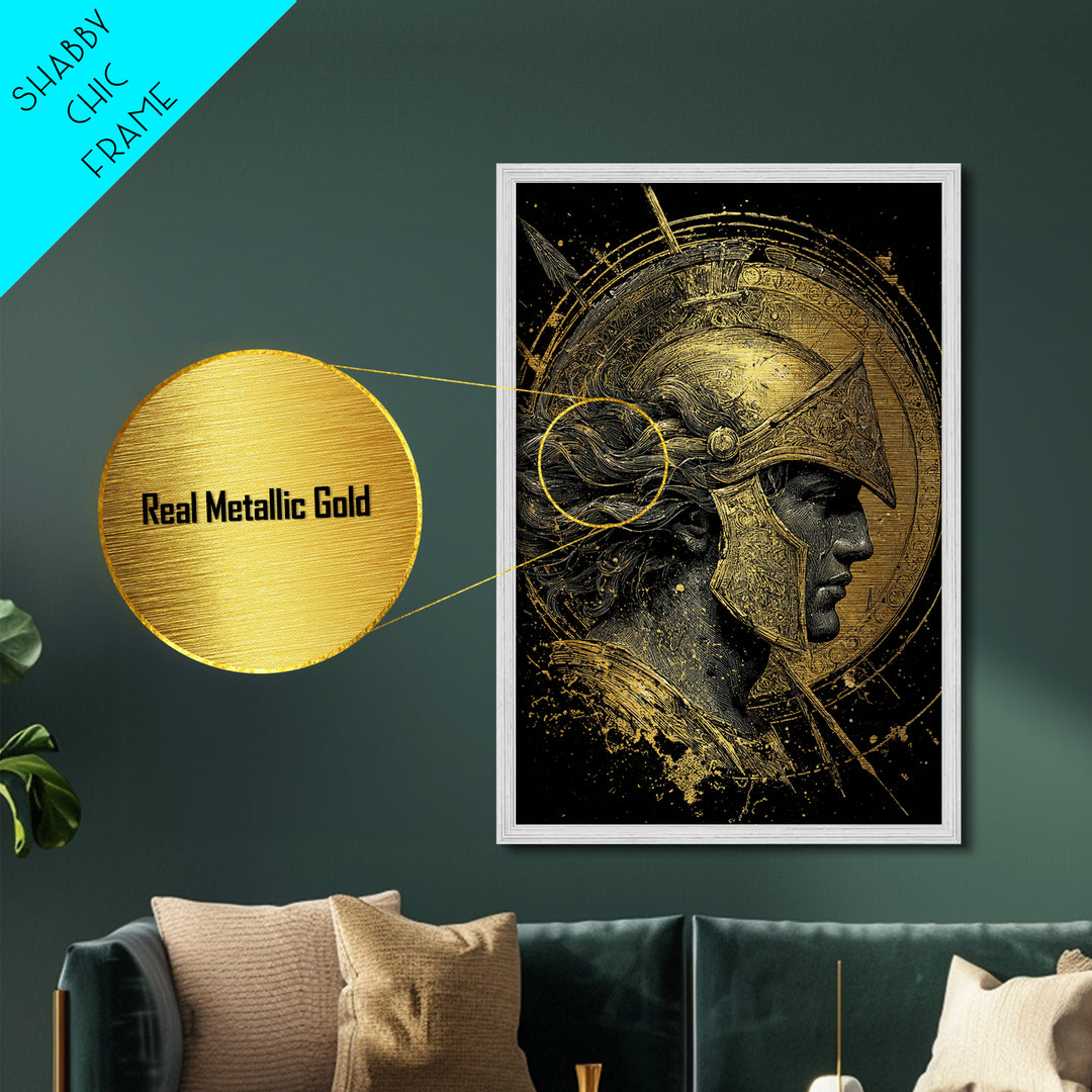 Greek Warrior Profile, Metallic Gold Metal Print, Ancient Mythology Wall Art, Real Wood Frame Decor, Luxury Hero Artwork