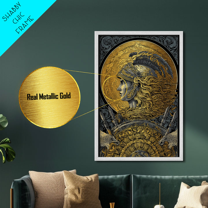 Athena Greek Goddess, Metallic Gold Art, Warrior Helmet Metal Print, Real Wood Frame Decor, Ancient Mythology Wall Artwork