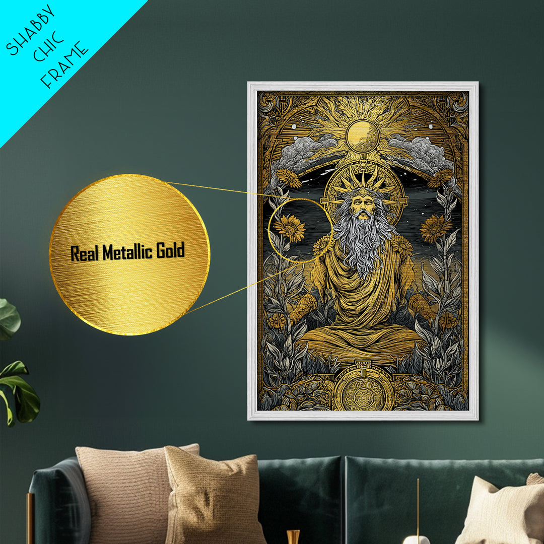 Greek Sun God Illustration, Metallic Gold Metal Print, Mythology Wall Art, Real Wood Frame Decor, Luxury Ancient Artwork