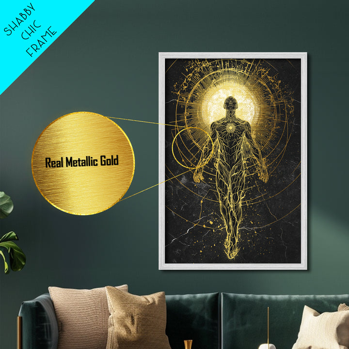 Divine Ascension Figure, Metallic Gold Art, Mythology Wall Print, Real Wood Frame Decor, Ancient Greek Inspired Metal Artwork