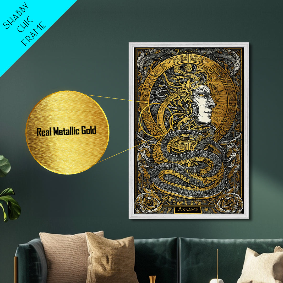 Ananke Greek Goddess Metallic Gold Metal Print, Destiny And Fate Mythology Artwork, Real Wood Framed Decorative Wall Art