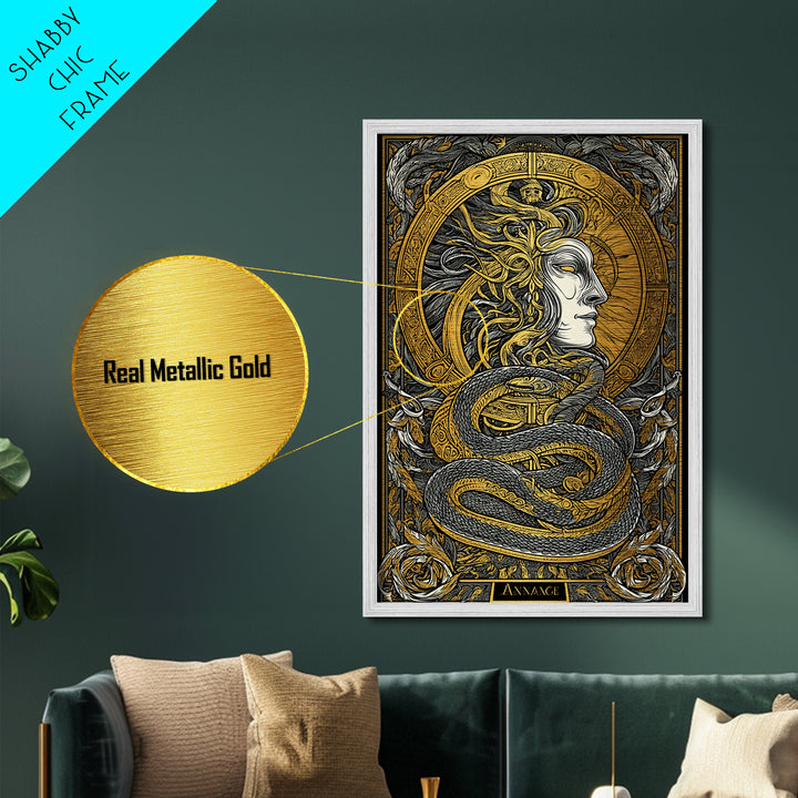 Ananke Greek Goddess Metallic Gold Metal Print, Destiny And Fate Mythology Artwork, Real Wood Framed Decorative Wall Art