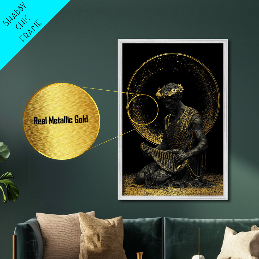Apollo God Of Music Metallic Gold Metal Print, Greek Mythology Art With Lyre, Real Wood Framed Classical Decorative Wall Art