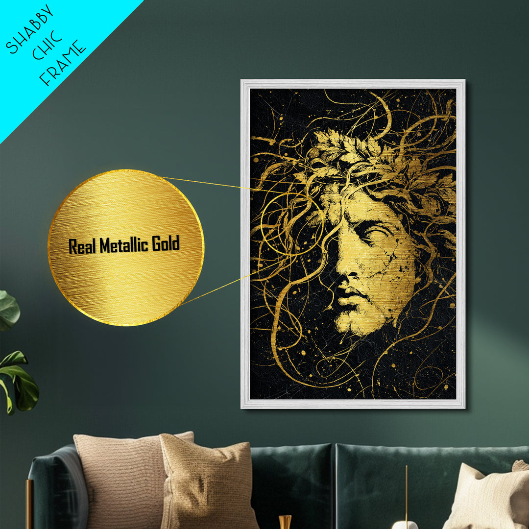 Apollo Greek Statue Metallic Gold Metal Print, Mythological Music And Light Inspired Art, Real Wood Framed Wall Decoration